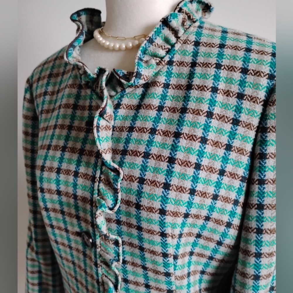 Talbots 100% Wool Ruffle Plaid Jacket Blazer Turquoise Blue Brown Classic Sz 12 - Picture 5 of 16